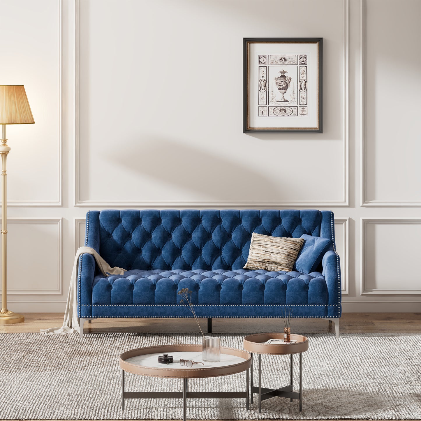 78-Inch Blue Plush Upholstered Modern Sofa with Metal Legs