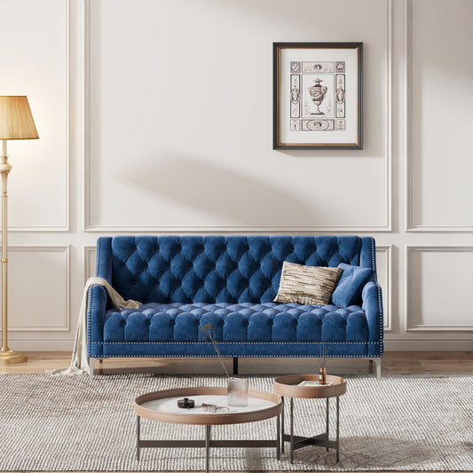 78-Inch Blue Plush Upholstered Modern Sofa with Metal Legs