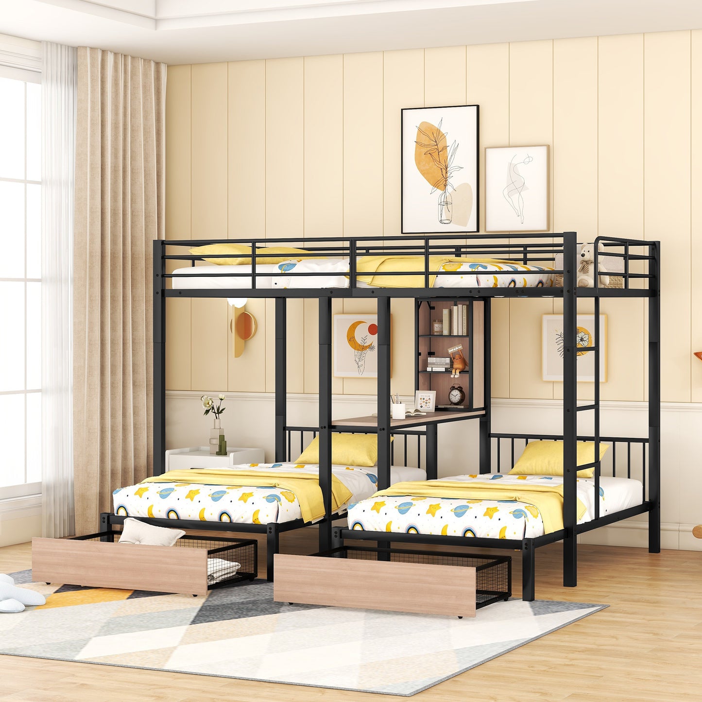 Full Over Twin & Twin Bunk Bed with Desks, Shelves, and Drawers in Black Metal Frame