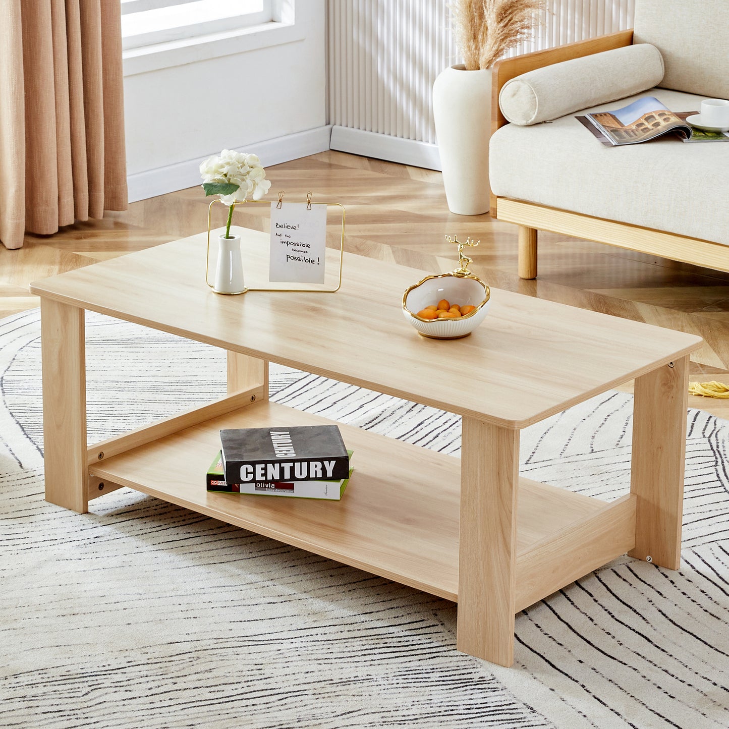 Modern Dual-Layer Log Textured Coffee Table with MDF Material