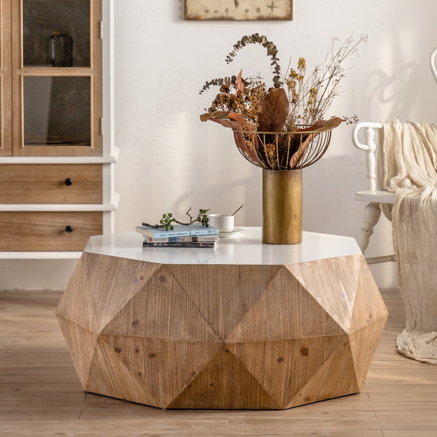 Vintage American Style White Coffee Table with Three-Dimensional Embossed Pattern Design