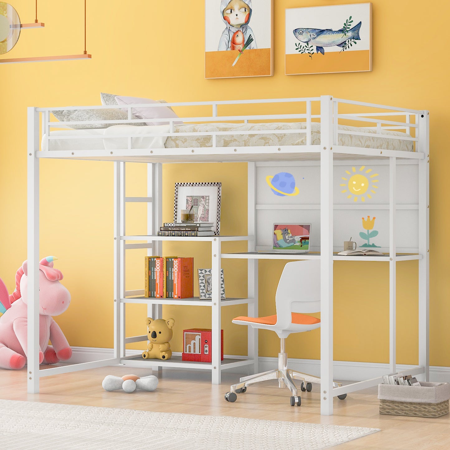 Full Size Loft Bed with Desk and Whiteboard, Metal Loft Bed with 3 Shelves and Ladder, White