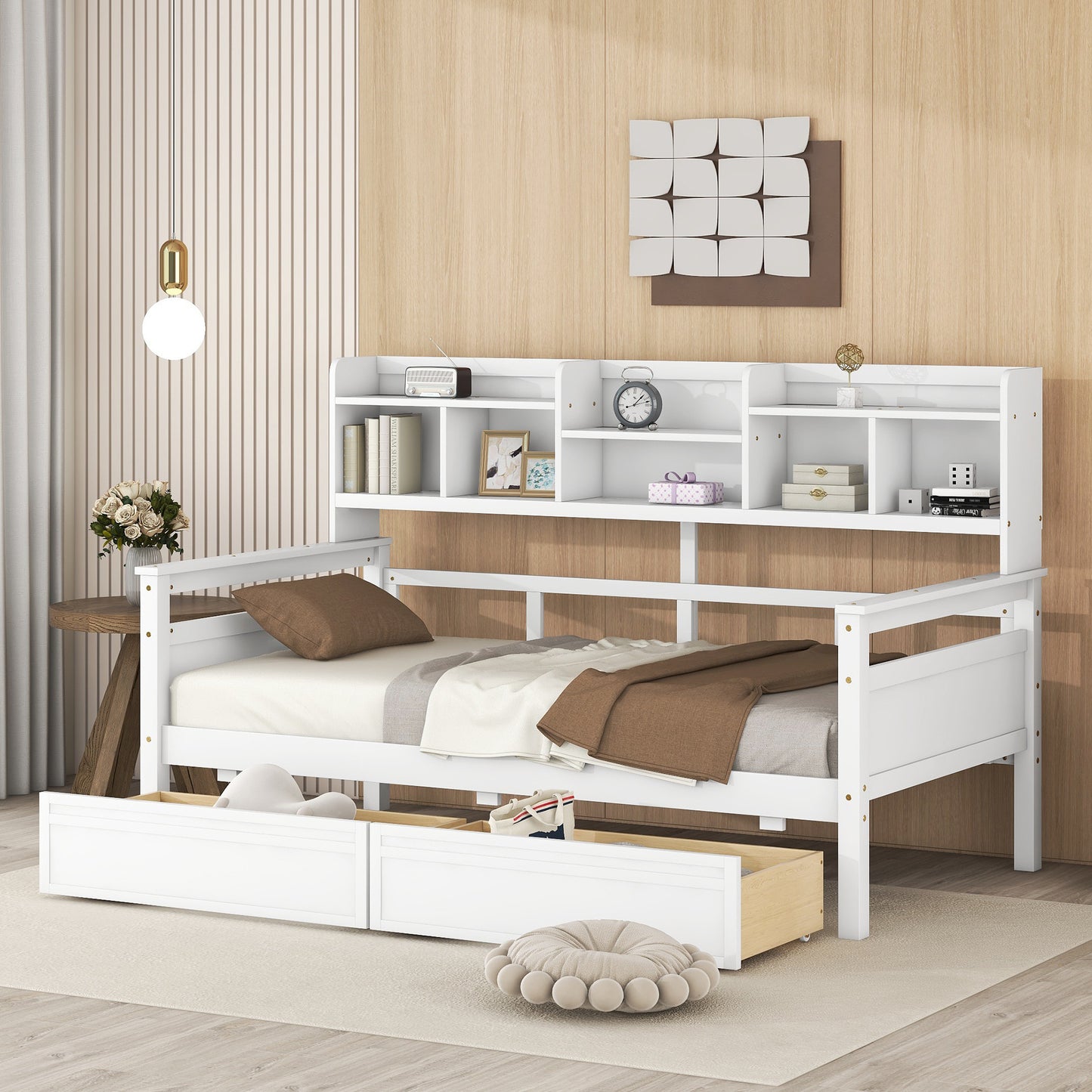 Twin size Daybed, Wood Slat Support, with Bedside Shelves and Two Drawers, White