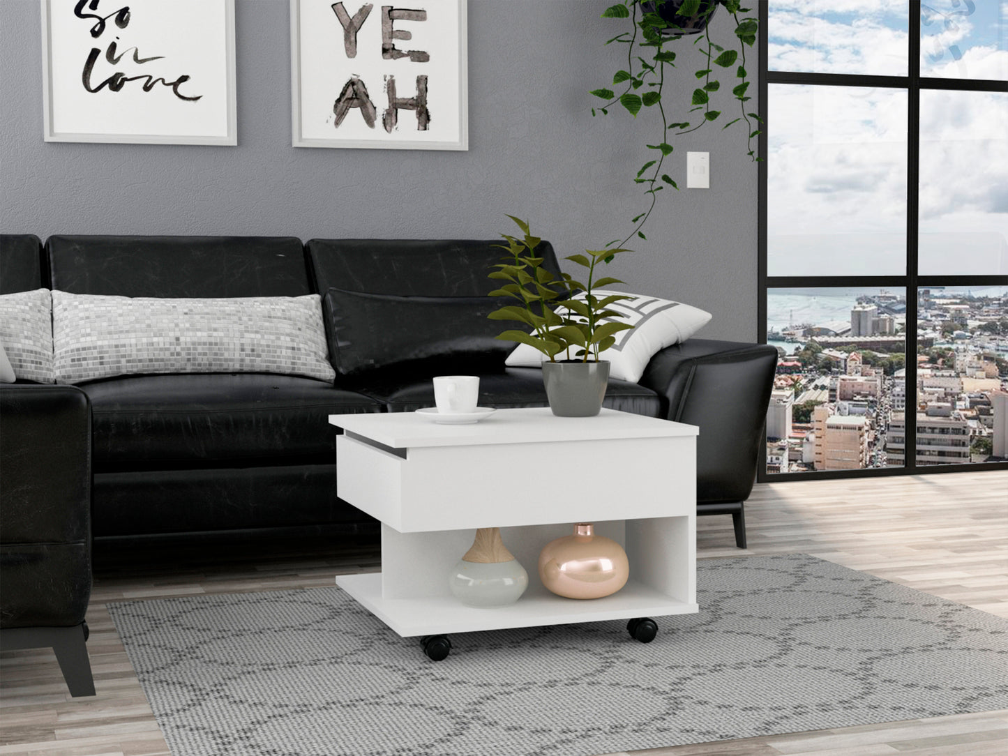 Elevate Lift Top Coffee Table with Casters and Shelf - White