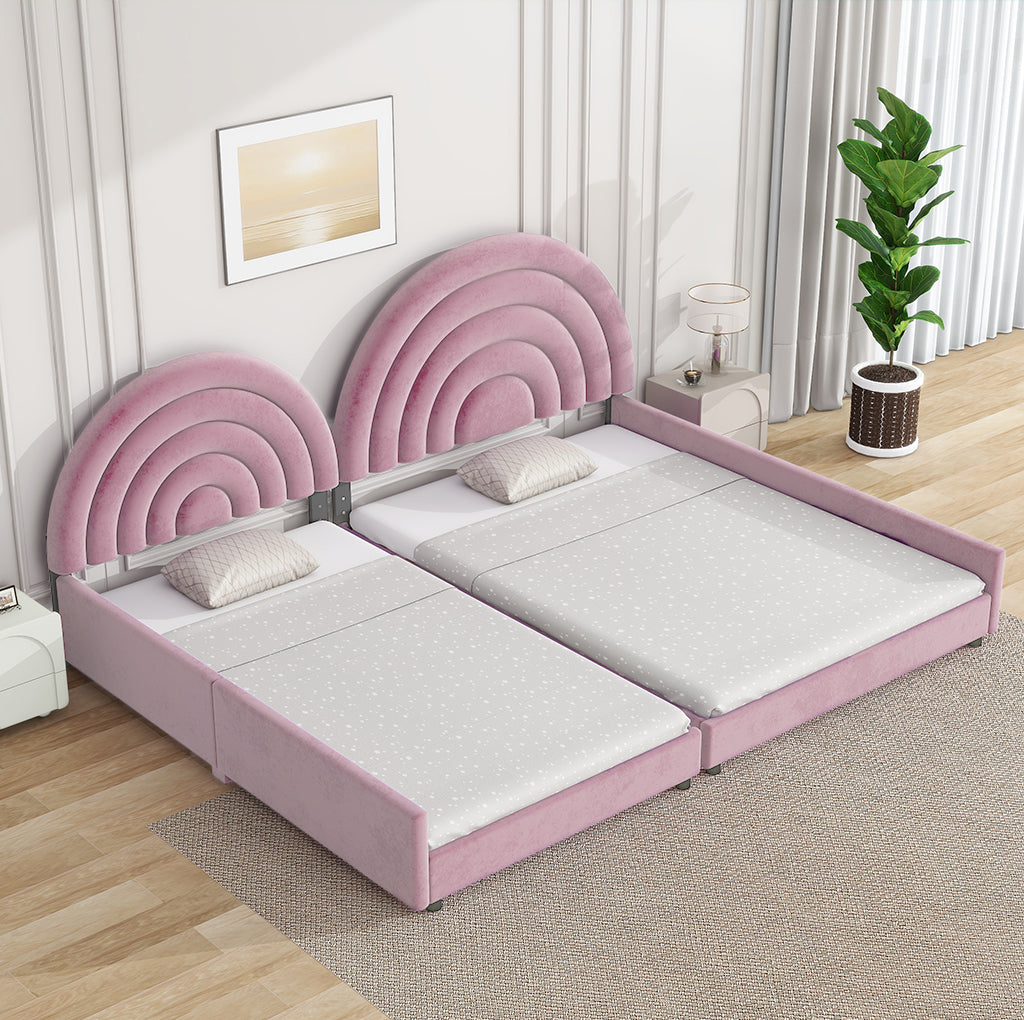 Twin+Full Upholstered Platform Bed Set with Semicircular Headboard, Pink