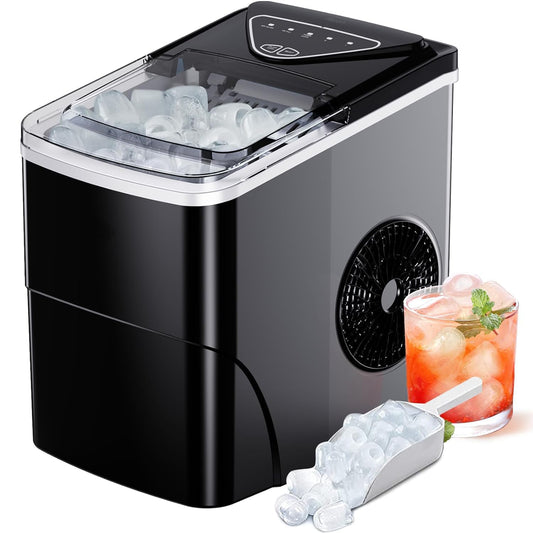 Rapid Ice Maker with Self-Cleaning Function, 9 Cubes in 6 Mins, 26lbs/24Hrs, Ice Scoop and Basket for Home Kitchen Office Bar Party