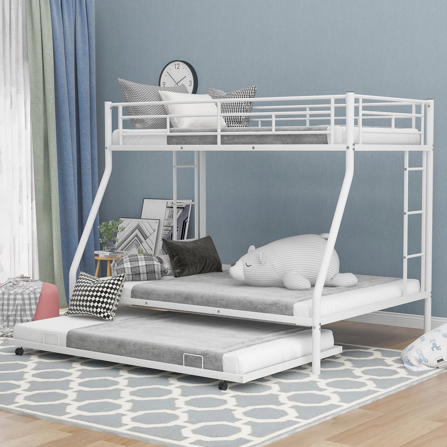 White Steel Frame Twin over Full Bunk Bed with Trundle Bed