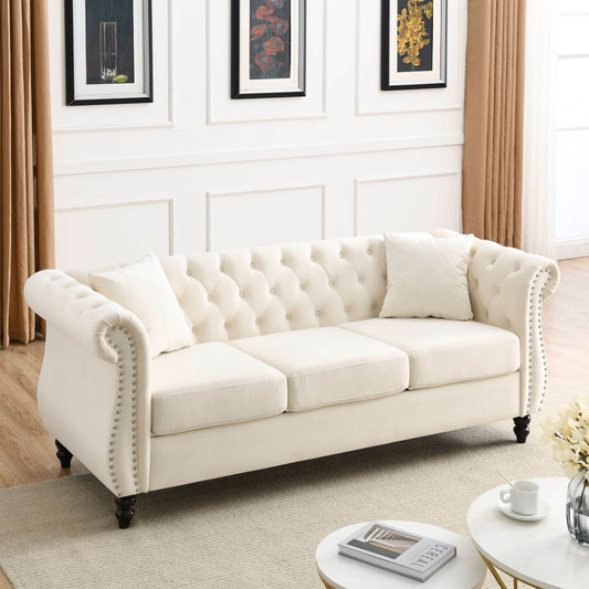 [Video] 80" Chesterfield Sofa Beige Velvet for Living Room, 3 Seater Sofa Tufted Couch with Rolled Arms and Nailhead for Living Room, Bedroom, Office, Apartment, two pillows