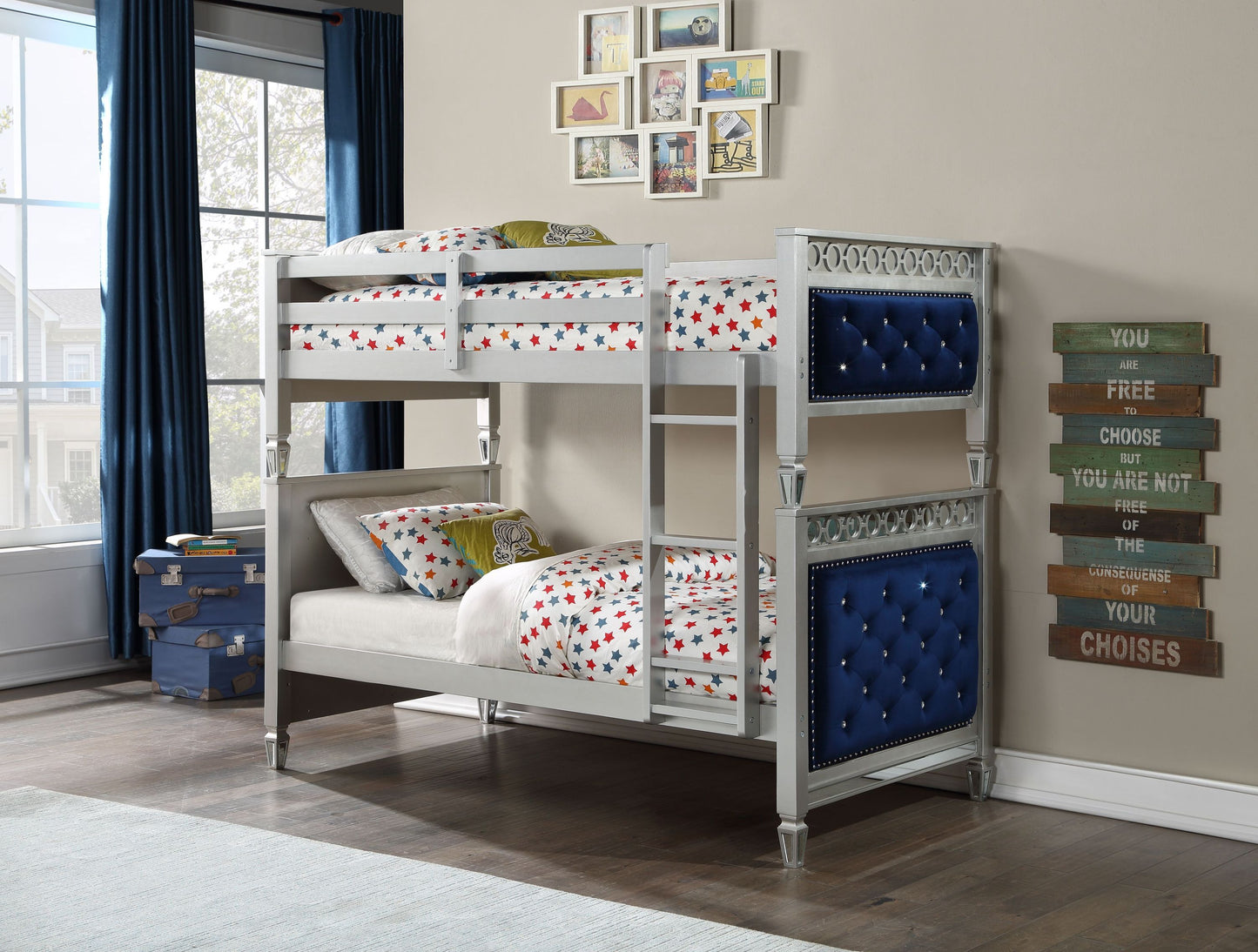 Royal Blue Velvet Bunk Bed with Twin Trundle