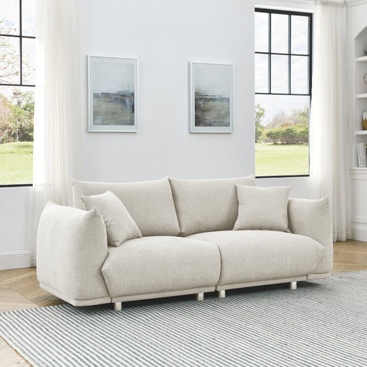 Modern Beige 2-Seat Sofa with Pillows and Solid Wood Frame