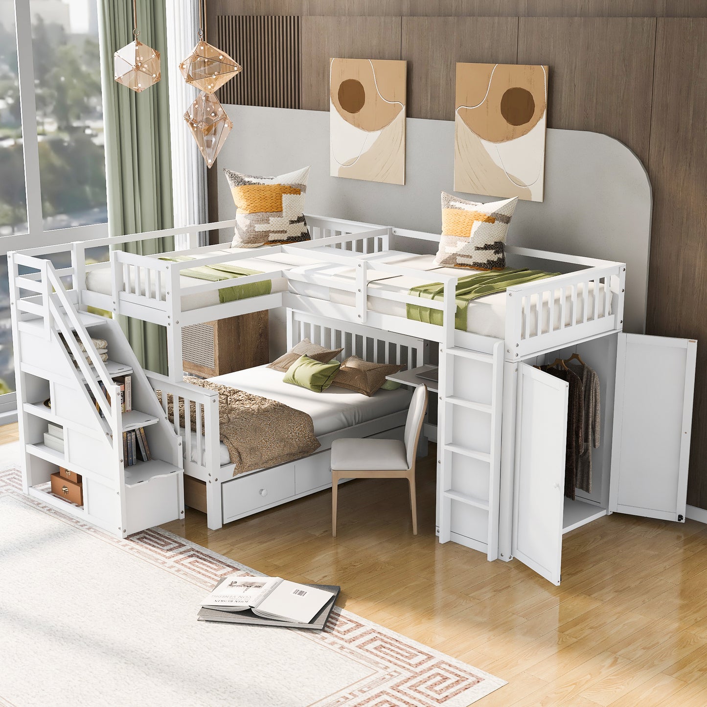 L-Shaped Bunk Bed Set with Desks, Wardrobe, Drawers, White - Space-Saving Sleepover Solution