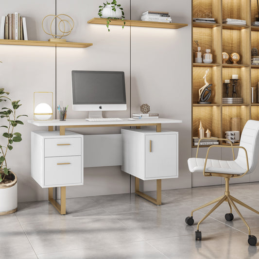 White and Gold Desk with Drawers & Storage, 51.25 Wide