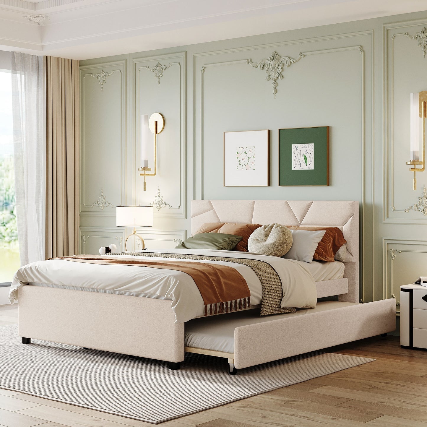 Queen Size Upholstered Platform Bed with Brick Pattern Headboard and Twin XL Size Trundle, Linen Fabric, Beige