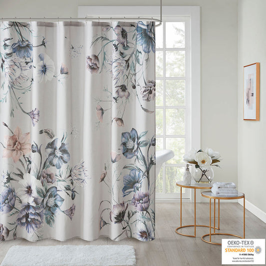 Blue Floral Print Cotton Bath Curtain