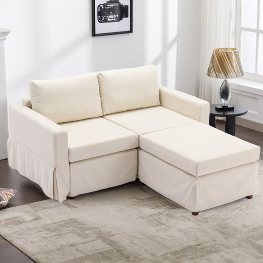 2-Seat Modular Sectional Sofa Set with Ottoman, Removable and Washable Seat and Back Cushions, Cream