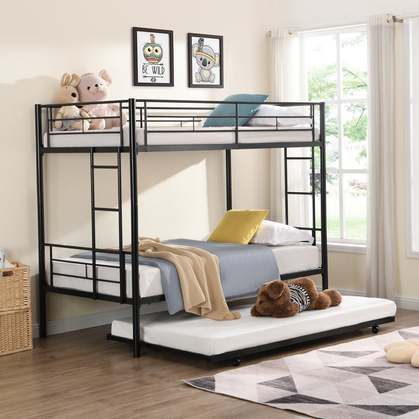 Triple Metal Bunk Bed with Trundle in Elegant Black