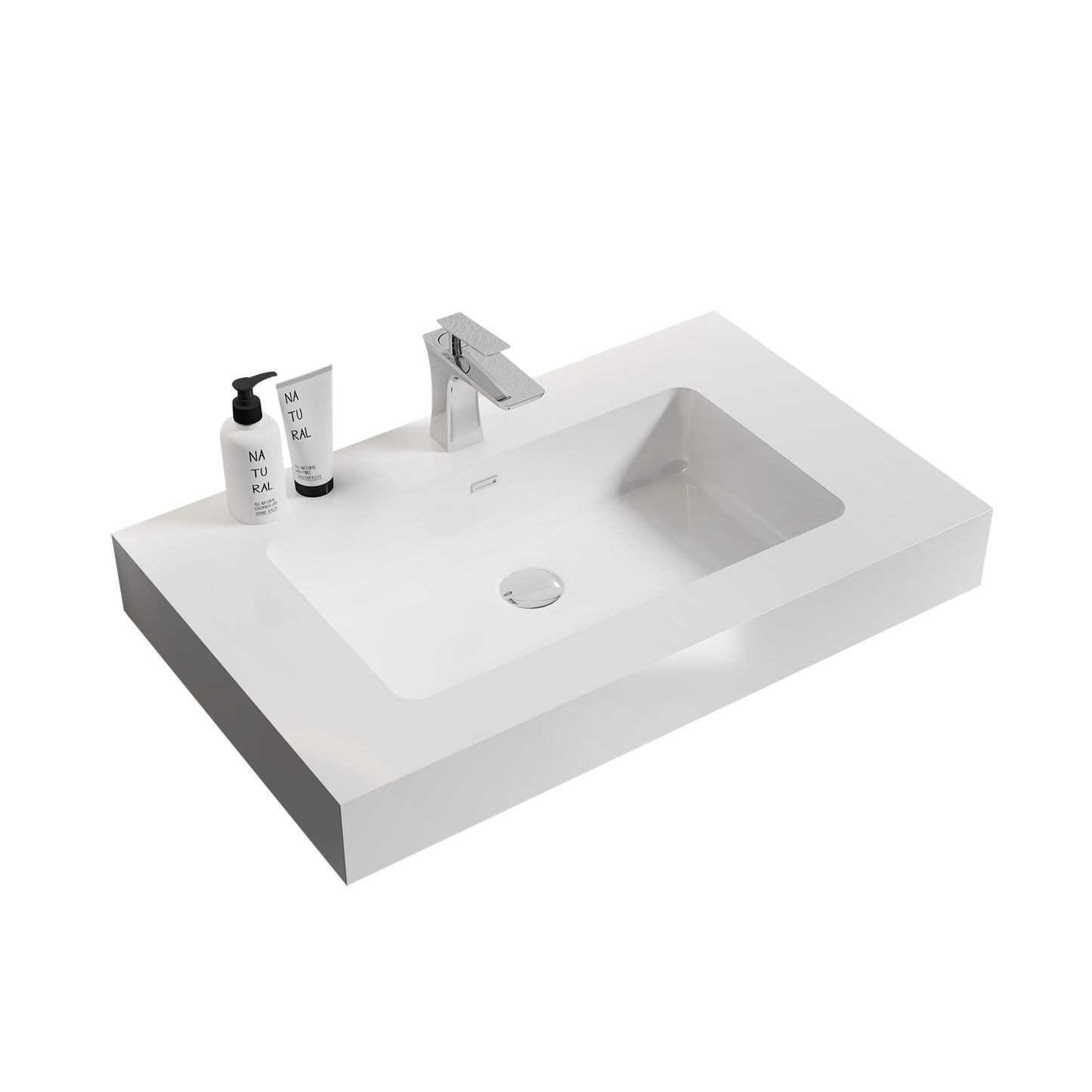 BB02-30-101, Integrated solid surface basin WITHOUT drain and faucet, glossy white color