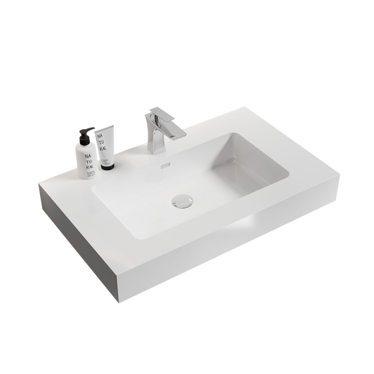 BB02-30-101, Integrated solid surface basin WITHOUT drain and faucet, glossy white color