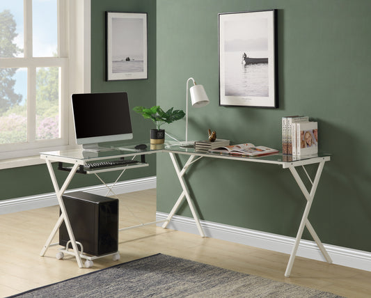 Modern Glass-Top L-Shape Computer Desk with White Finish