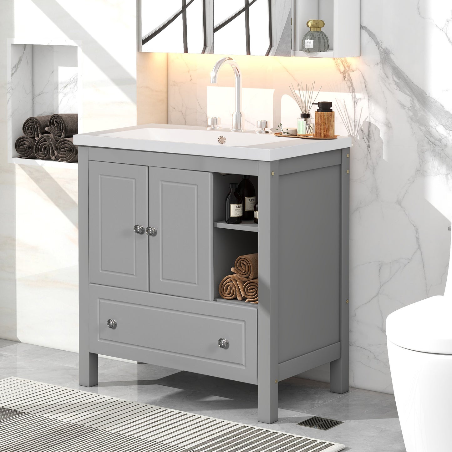 30" Bathroom Vanity with Sink, Bathroom Storage Cabinet with Doors and Drawers, Solid Wood Frame, Ceramic Sink, Grey