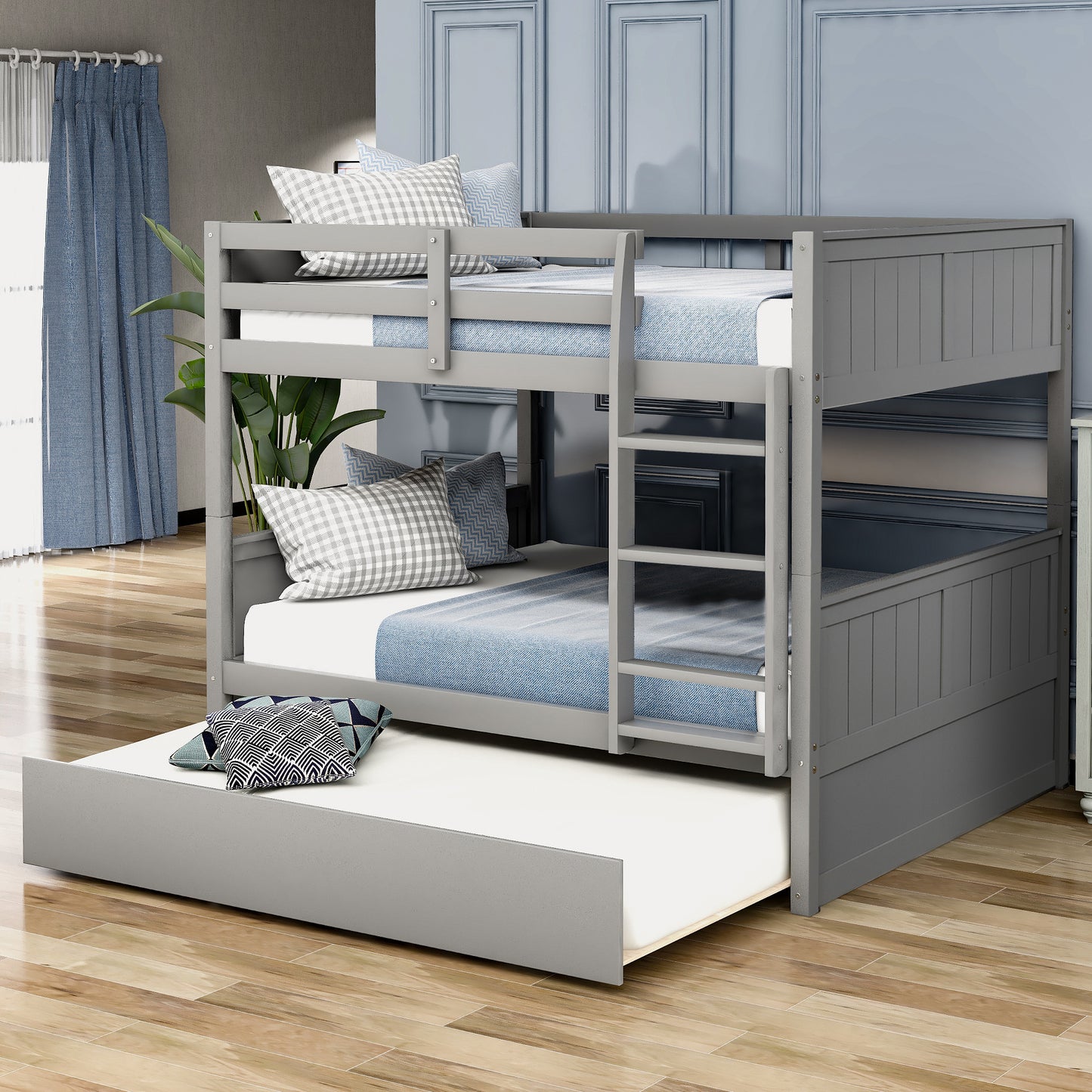 Versatile Full Over Full Bunk Bed with Trundle in Gray