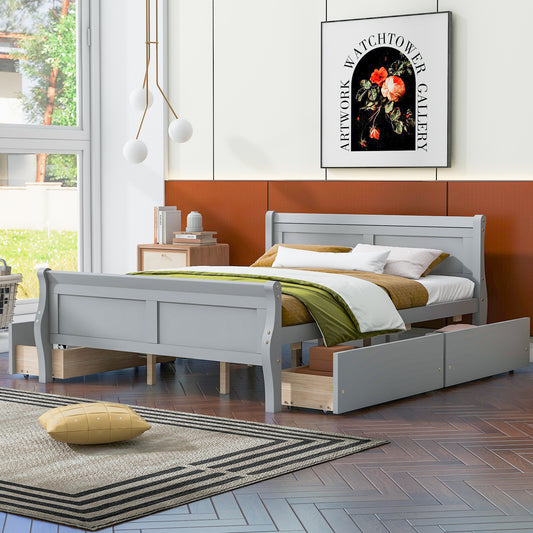 Queen Size Wood Platform Bed with 4 Drawers and Streamlined Headboard & Footboard, Gray