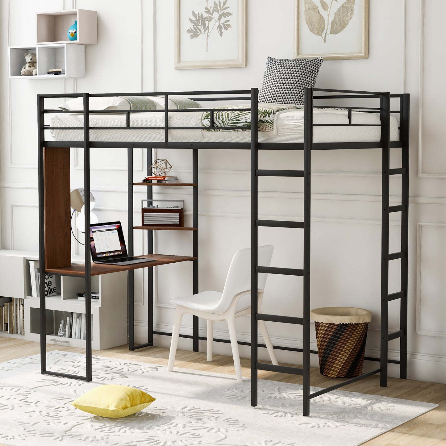 Twin Metal Loft Bed with 2 Shelves and one Desk ,BLACK(: MF281206AAB)