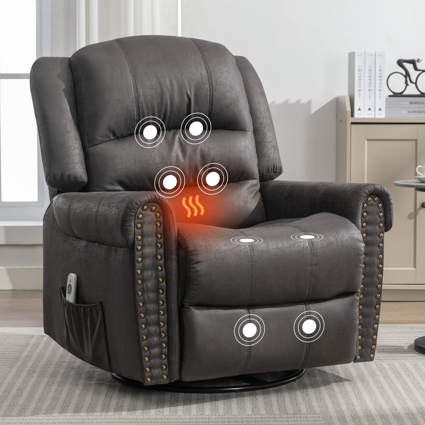 Grey Massage Rocker Recliner Chair with Heating, USB Charge Port, and Vibration Massage