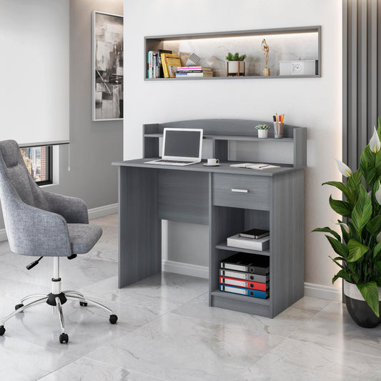 Grey Office Desk with Hutch for Enhanced Productivity