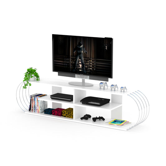 Sleek White and Chrome TV Stand with 4-Open Shelves