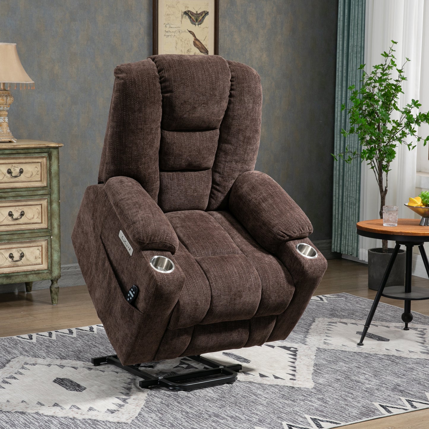 EMON'S Large Power Lift Recliner Chair with Massage and Heat, Overstuffed Wide Recliner with USB and Type C Ports, Brown