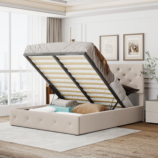 Queen size Upholstered Platform bed with a Hydraulic Storage System - Beige