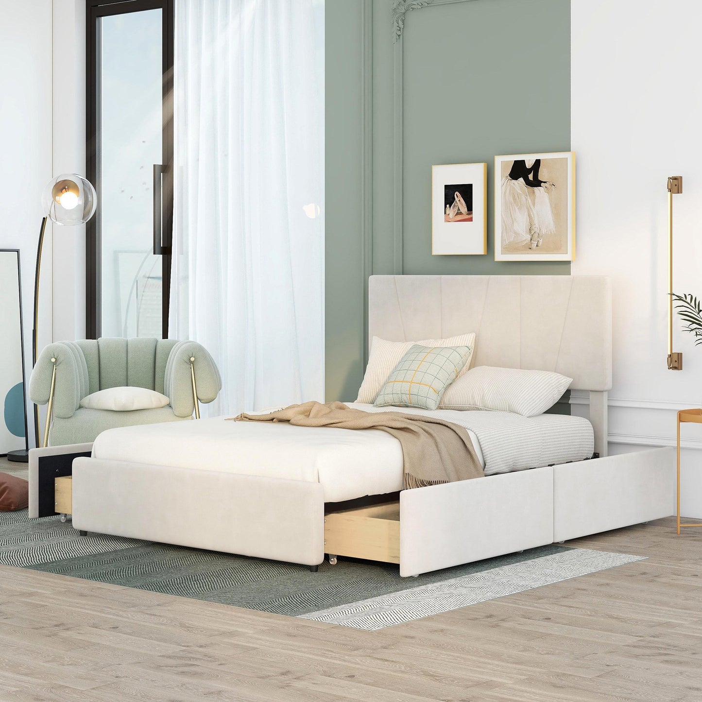 Full Size Upholstery Platform Bed with Four Drawers on Two Sides, Adjustable Headboard, Beige(: WF291773AAA)