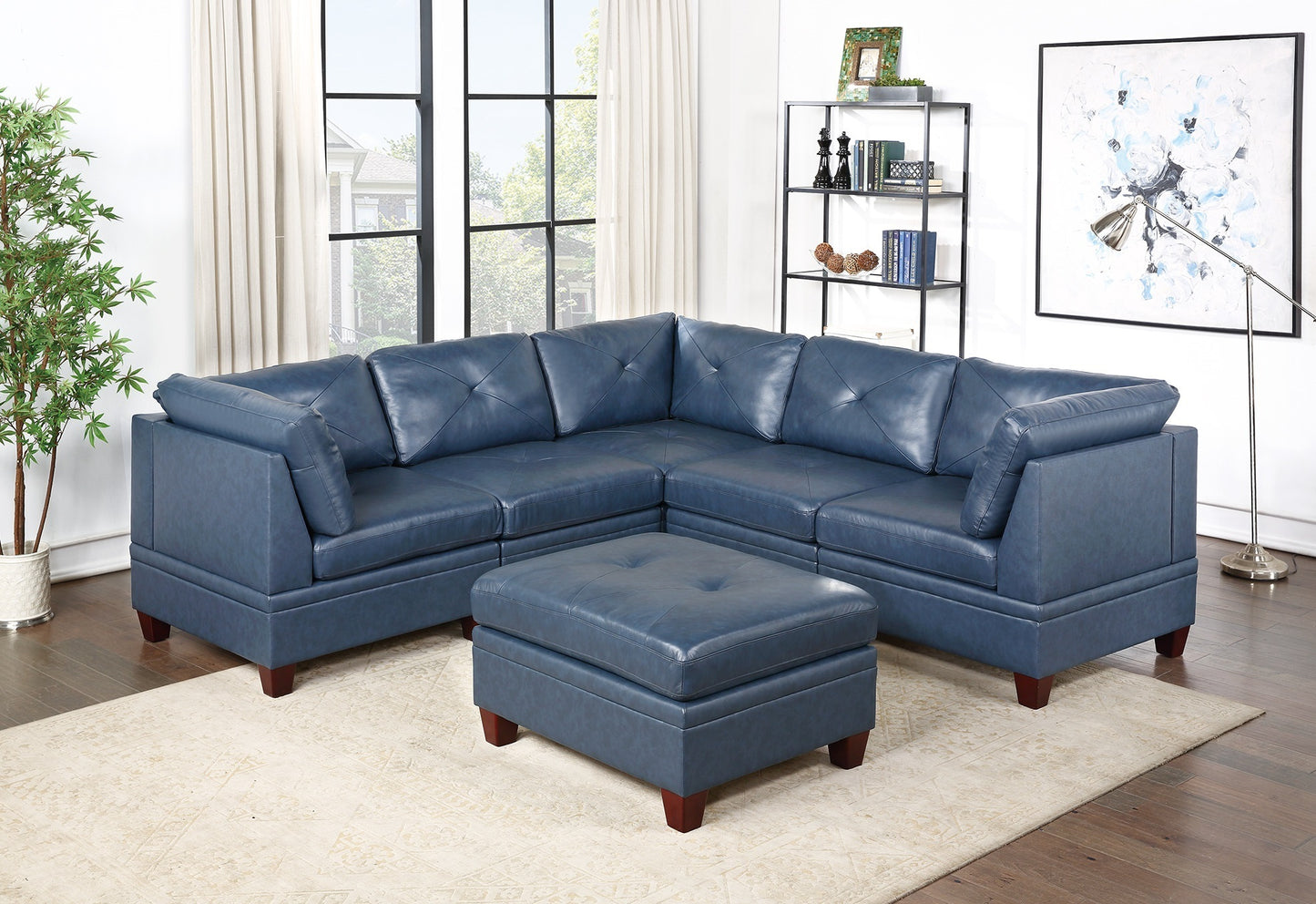 Ink Blue Genuine Leather Modular Sofa Set with Tufted Back and Ottoman