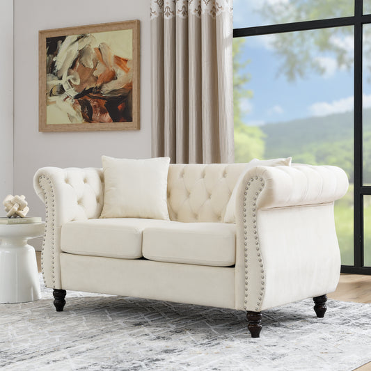 Chesterfield Sofa Beige Velvet 2 Seater with Rolled Arms and Nailhead Trim