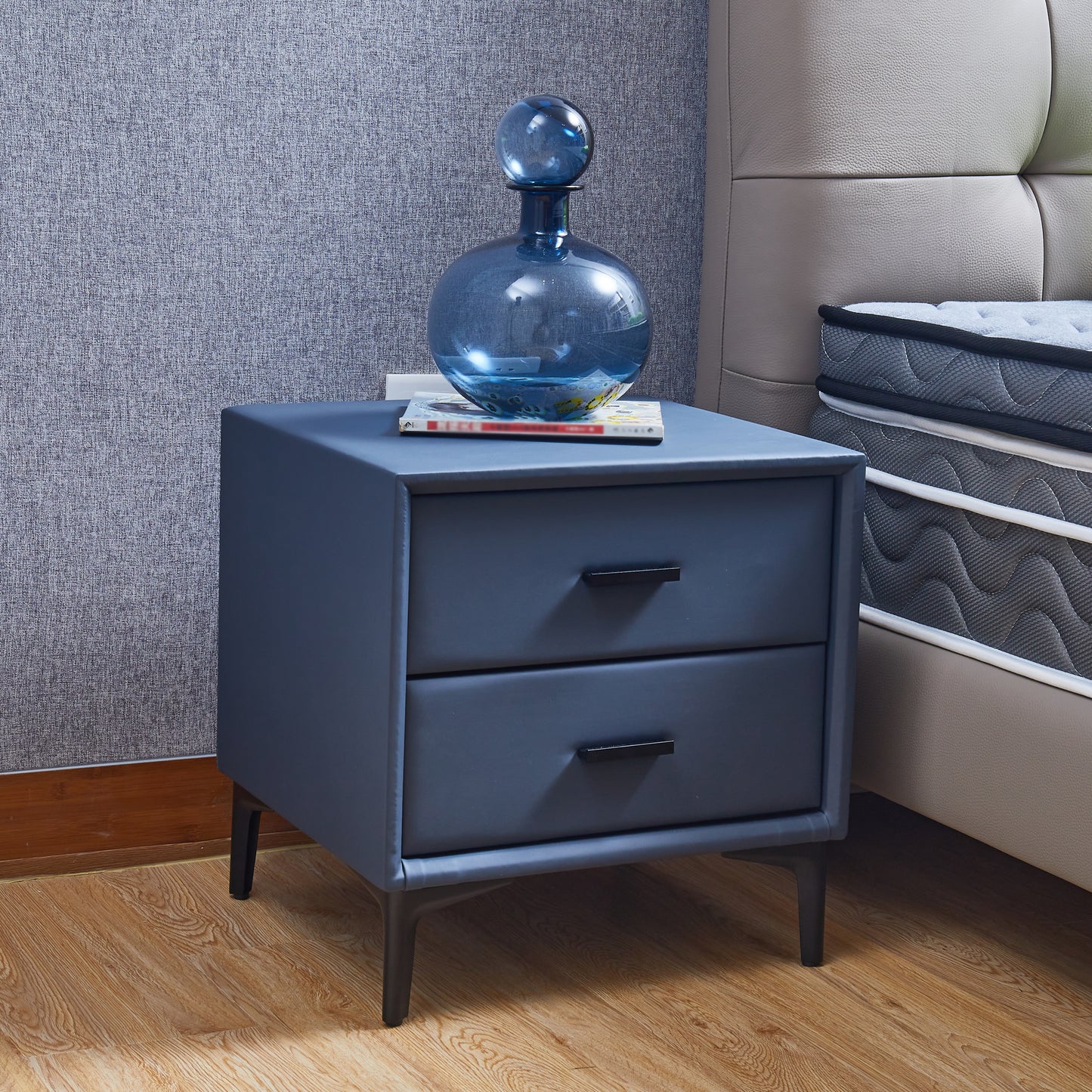 Modern Nightstand with 2 Drawers, Night Stand with PU Leather and Hardware Legs, End Table, Bedside Cabinet for Living Room/Bedroom (Blue-gray)