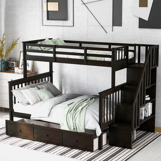 Stairway Twin-Over-Full Bunk Bed with Drawer and Storage in Espresso - Ultimate Sleeping Solution