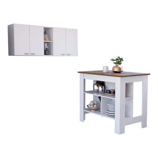 Sierra 7-Shelf 4-Door 2-piece Kitchen Set, Upper Wall Cabinet and Kitchen Island White and Walnut