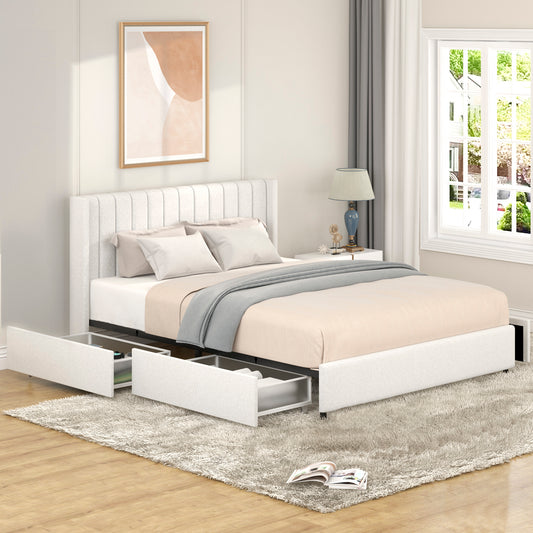 Anda Queen Size Ivory Boucle Upholstered Platform Bed with Patented 4 Drawers Storage, Tufted Headboard, Wooden Slat Mattress Support, No Box Spring Needed.