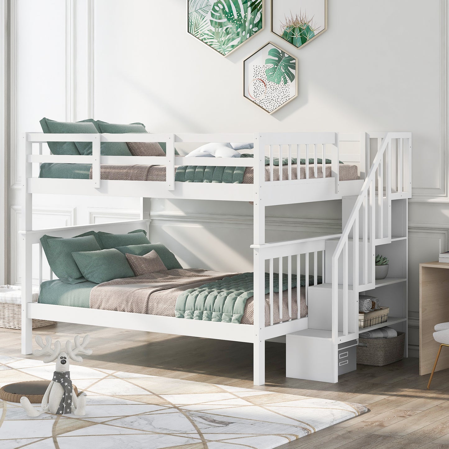 Stairway Full-Over-Full Bunk Bed with Storage, Guard Rail, and White Finish for Bedroom or Dorm with Ultimate Storage and Safety Features