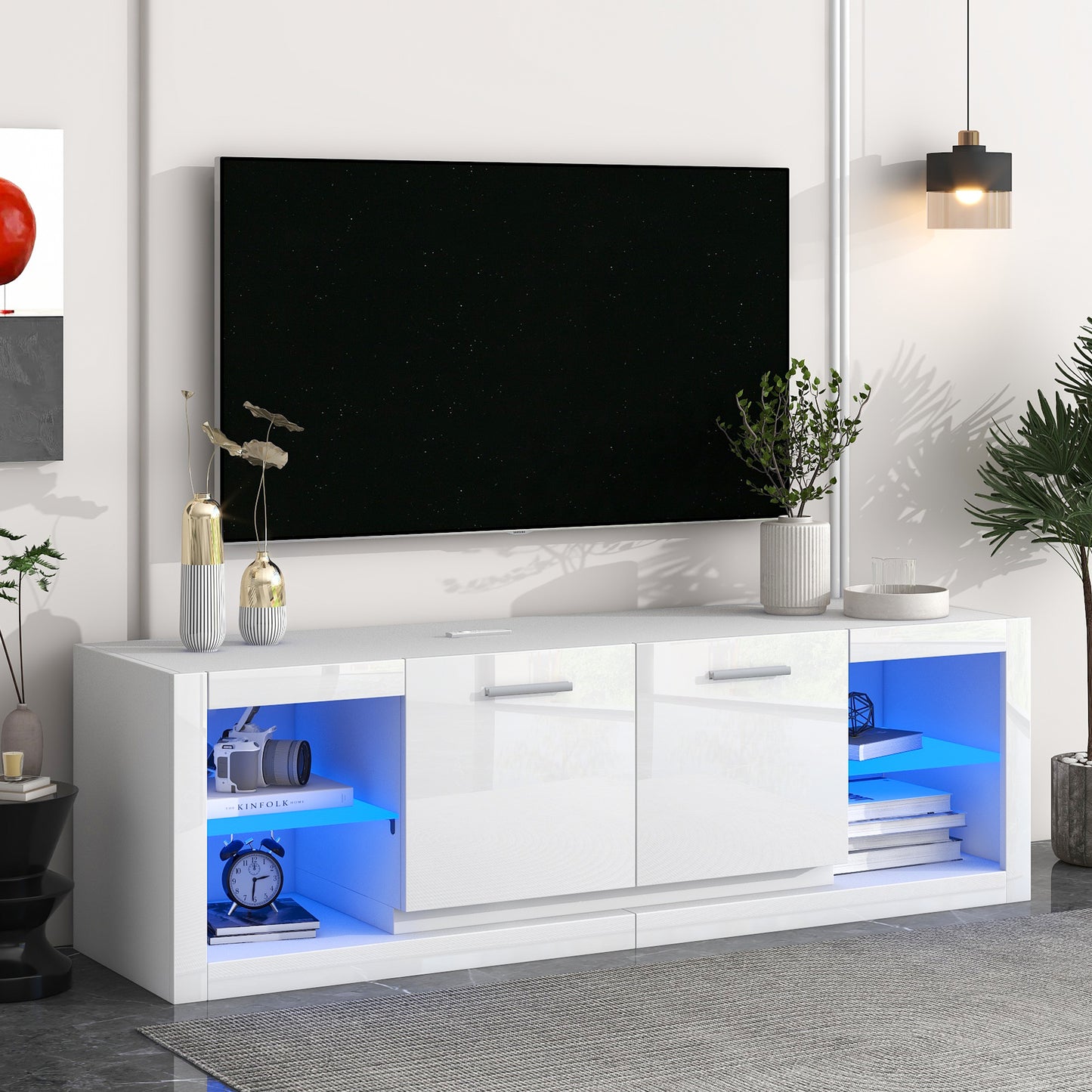 Glossy White TV Stand with LED Lights and Glass Shelves for TVs Up to 70'' - Stylish Entertainment Center