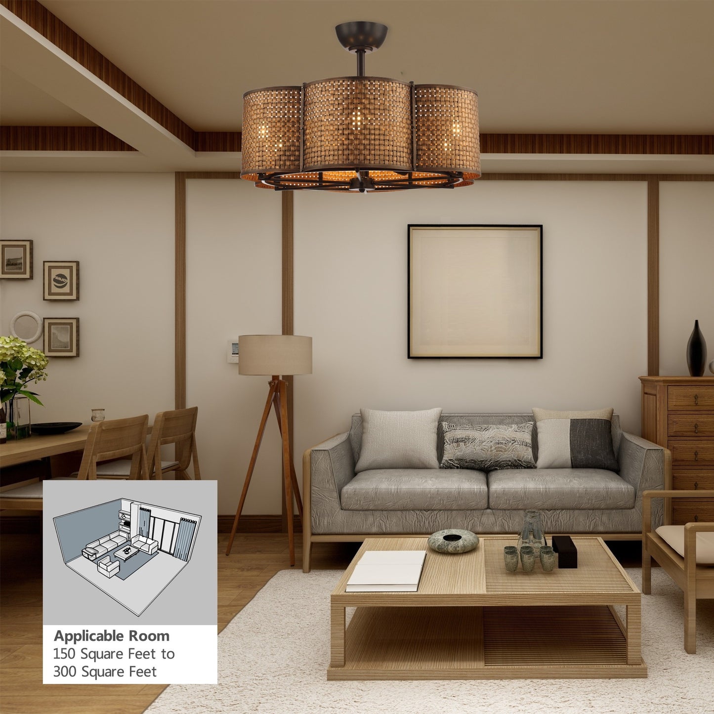 LED Ceiling Fan with Metal Rattan Frame and 6-Speed Control