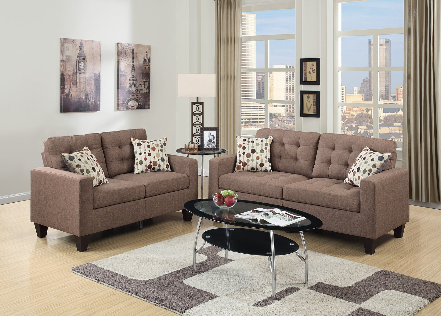 Living Room Furniture 2pc Sofa Set Light Coffee Polyfiber Tufted Sofa Loveseat w Pillows Cushion Couch Solid pine