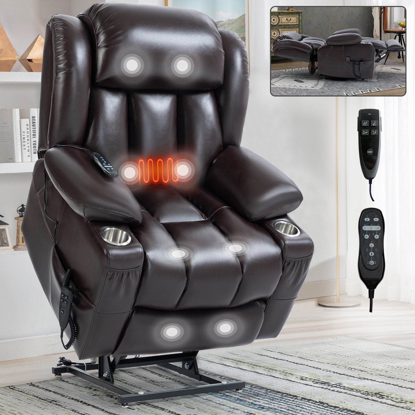 Brown Leatheraire Power Lift Recliner Chair with Dual Motor & Massage Functions