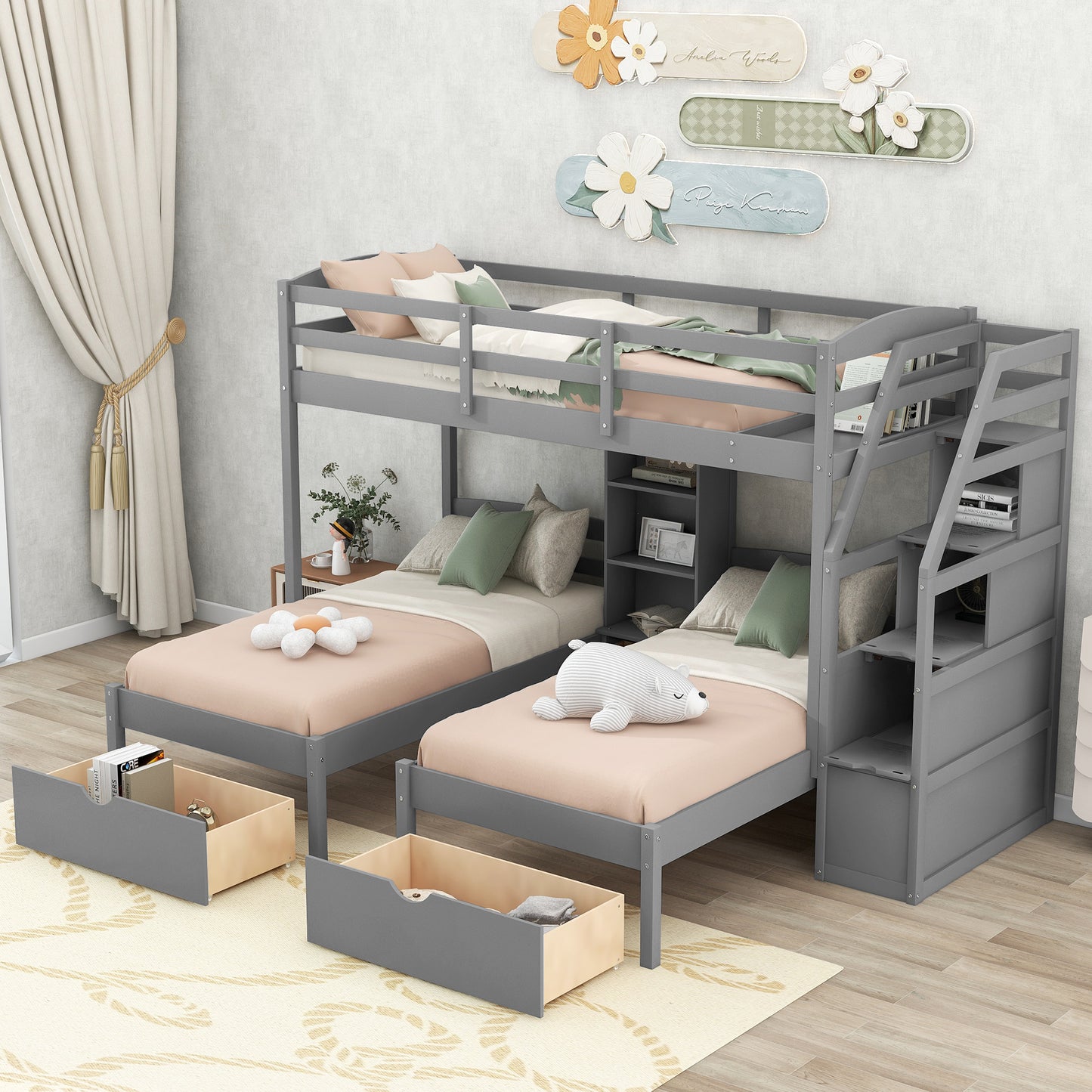 Gray Triple Bunk Bed with Storage Drawers, Staircase, and Built-in Shelves