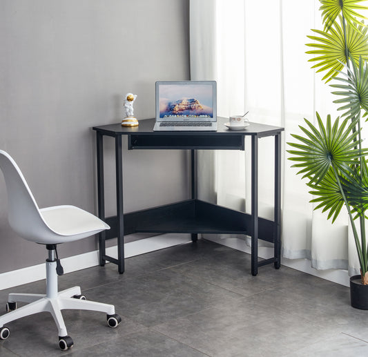 Sleek Black Triangle Desk with Keyboard Tray and Storage Shelves