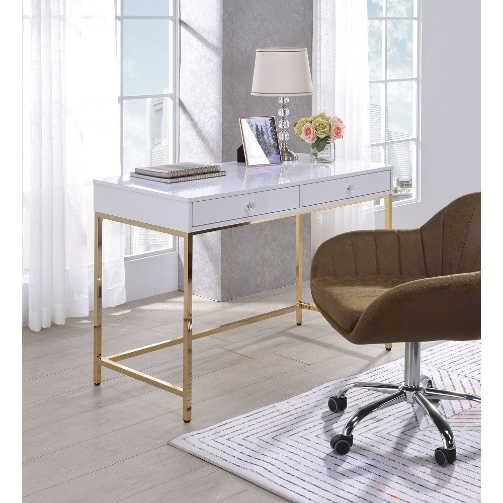 Elegant White High Gloss Office Desk with Gold Metal Accents and Storage