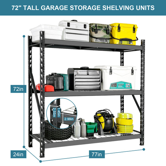 Garage Shelving Heavy Duty 72"H*77"W Garage Storage Shelves 6000LBS Heavy Duty Shelving Adjustable 3 Tier Metal Shelving for Garage Storage Shelving Industrial Shelving Storage Rack, Black