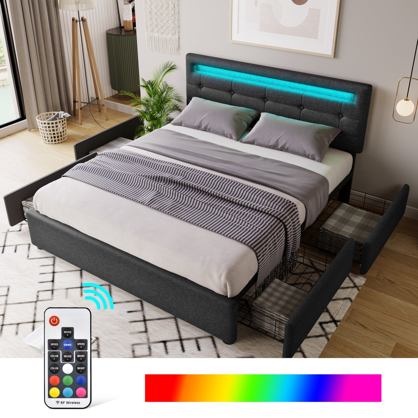 Bed Frame Full Size, Upholstered Platform Bed Frame with 4 Storage Drawers and LED Lights & Adjustable Headboard,No Box Spring Needed,Grey