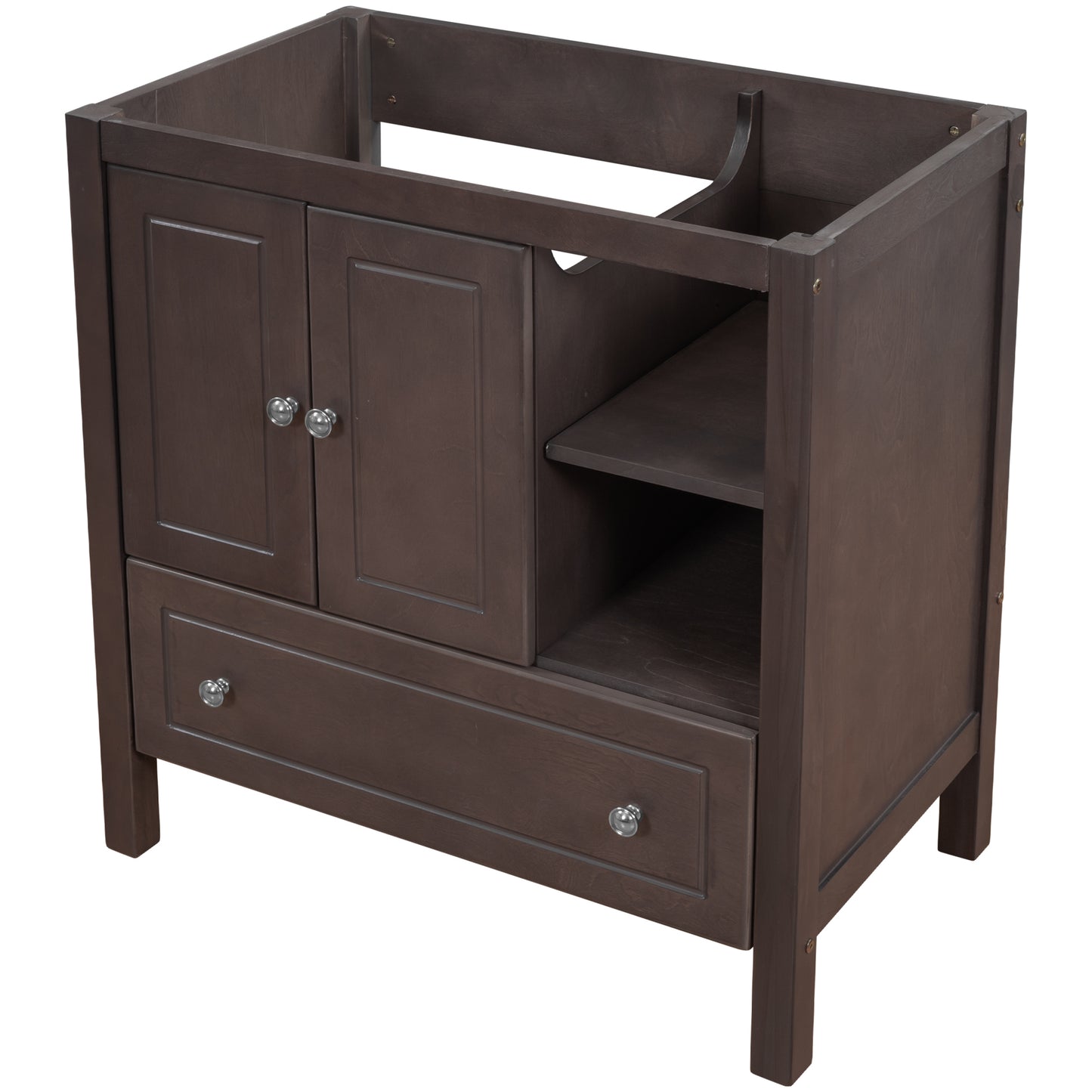 30" Bathroom Vanity Base Only, Solid Wood Frame, Bathroom Storage Cabinet with Doors and Drawers, Brown